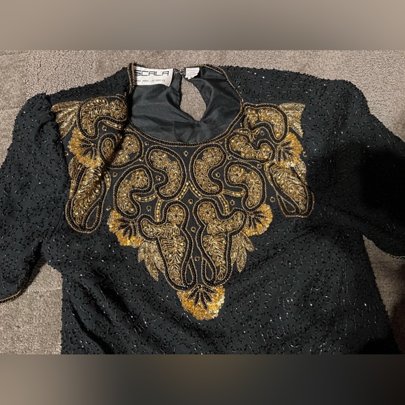 Vintage Scala Gold & Black Beaded Short Sleeve Top Blouse Shoulder Pads Keyhole - Picture 4 of 16
